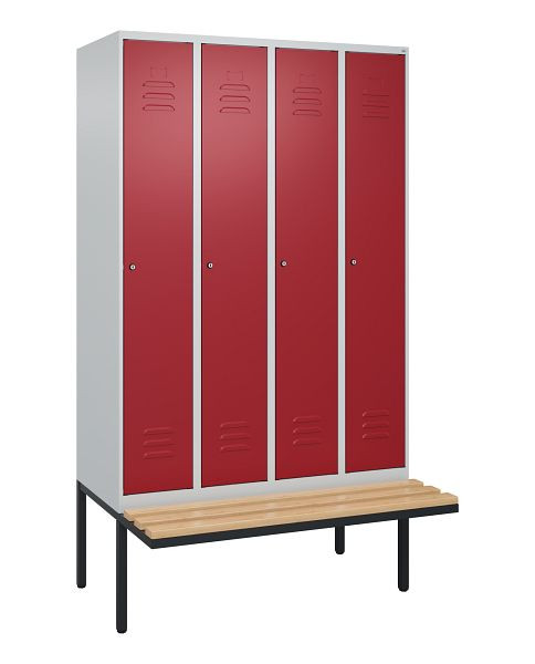 C+P Umkleidespind Classic PLUS, 4 Abteile, 2120x1200x815mm, 7035/3003, Zylinderschlösser, Buche-Sitzleisten, je 2 Doppel-Haken, 0800407-40F S10046