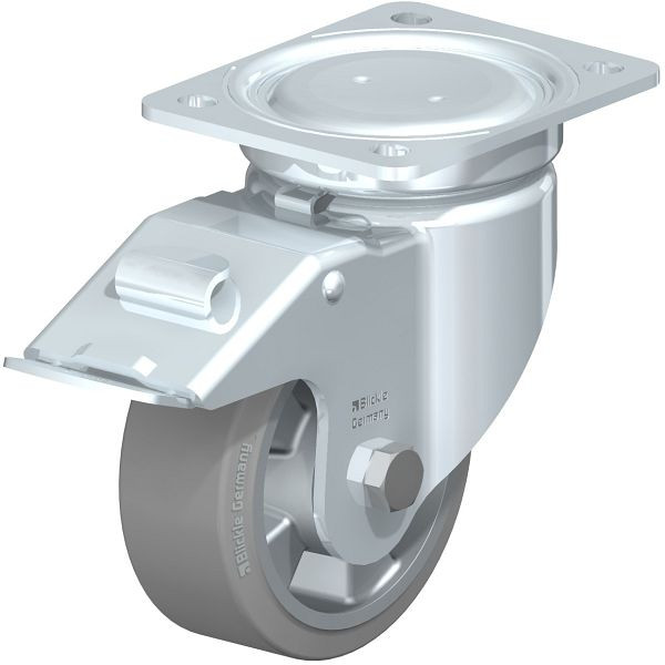 Blickle LU-ALEV 127K-FI-SG Stahlblech-Lenkrolle, schwere, geschlossene Ausführung, mit Anschraubplatte & Feststeller, Elastik-Vollgummi, Grau, 852005