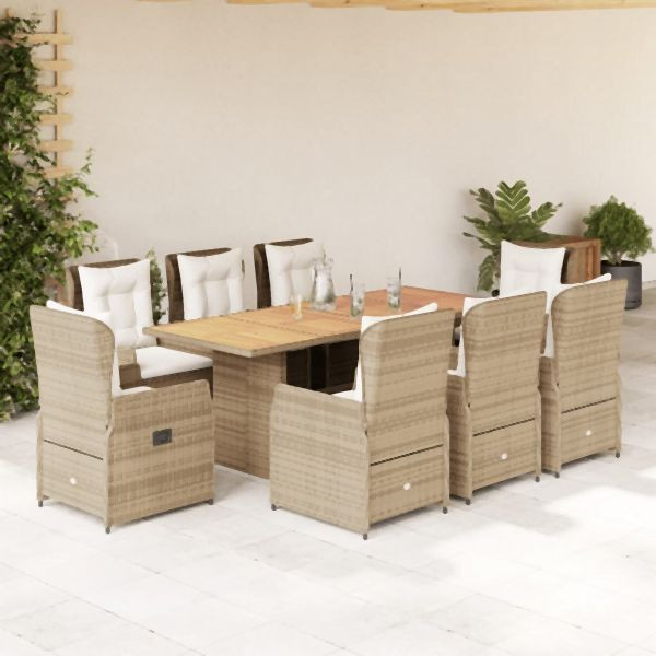 vidaXL 9-tlg. Garten-Essgruppe mit Kissen Beige Poly Rattan, 3262794