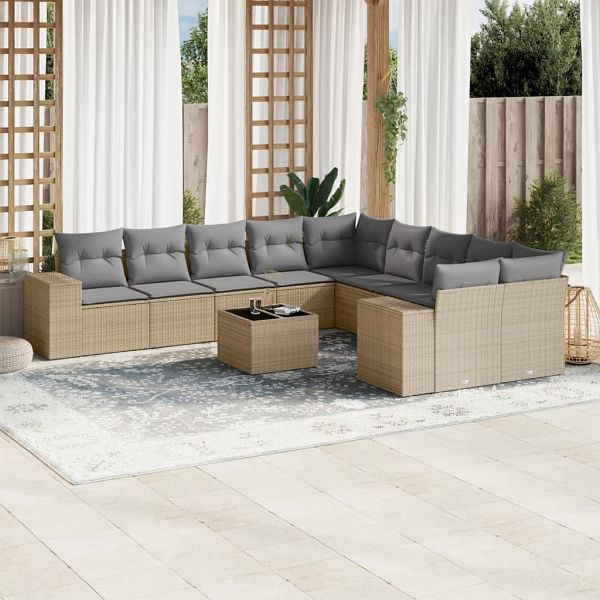 vidaXL 11-tlg. Garten-Sofagarnitur mit Kissen Beige Poly Rattan, 3223118