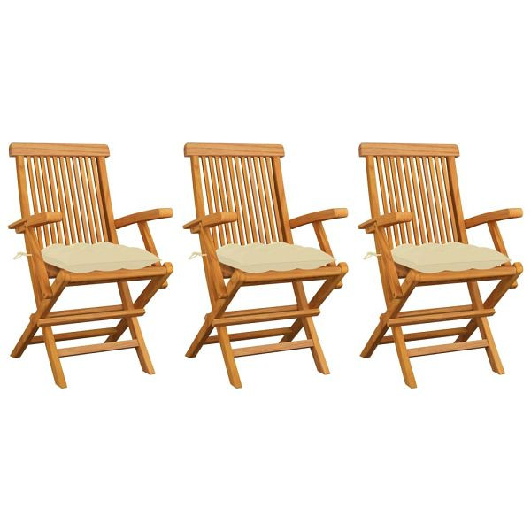 vidaXL Gartenstühle mit Cremeweißen Kissen 3 Stück Massivholz Teak, 3062531