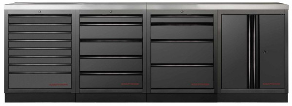Kraftwerk MOBILIO BLACK EDITION 4er Unterschrank-Kombi, 17 Schubladen, 1 Schrank, Arbeitsplatte Edelstahl, 3964K-BLK-004-IX