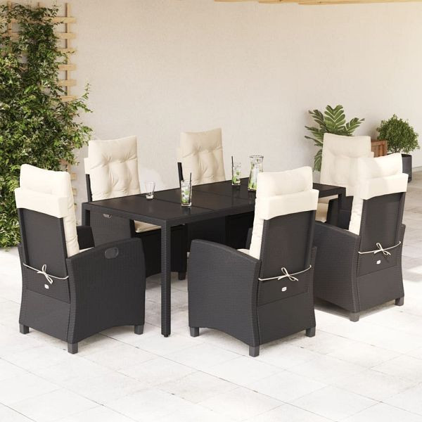 vidaXL 7-teilig Garten-Essgruppe mit Kissen Schwarz Poly Rattan, 3212632