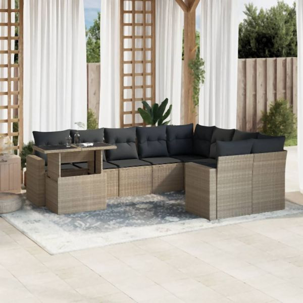 vidaXL 10-tlg. Garten-Sofagarnitur mit Kissen Hellgrau Poly Rattan, 3267512