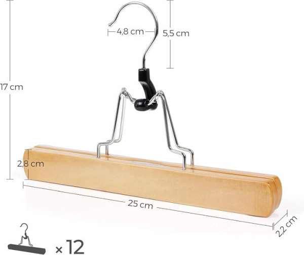 SONGMICS Holzhosenbügel, rutschfester Chromhaken, 360 Grad rotierend, VE: 12 Stück, CRW007-12