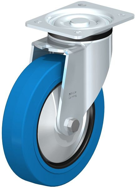 Blickle LK-POEV 200R-SB-FA Stahlblech-Lenkrolle, schwere Ausführung, mit Anschraubplatte, Elastik-Vollgummi, Blau, 750399