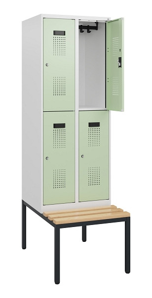 C+P Doppelstöckiger Spind Evolo PLUS, Bank, 4 Fächer, 1950x600x815mm, 9016/6019, Zylinderschloss, Sitzfläche Buche-Hartholz, Sitzbank, 0493505-20 S10049