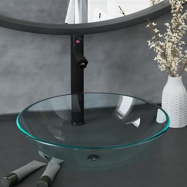 vidaXL Waschbecken mit Wasserhahn und Ablaufgarnitur aus gehärtetem Klarglas, 3098440