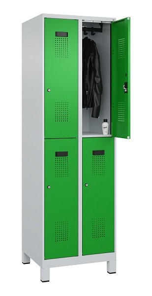 C+P Doppelstöckiger Spind Evolo PLUS, mit Füßen, 4 Fächer, 1950x600x500mm, 7035, Frontfarbe RAL 6037 Reingrün, Zylinderschloss, 049310-20 S10038