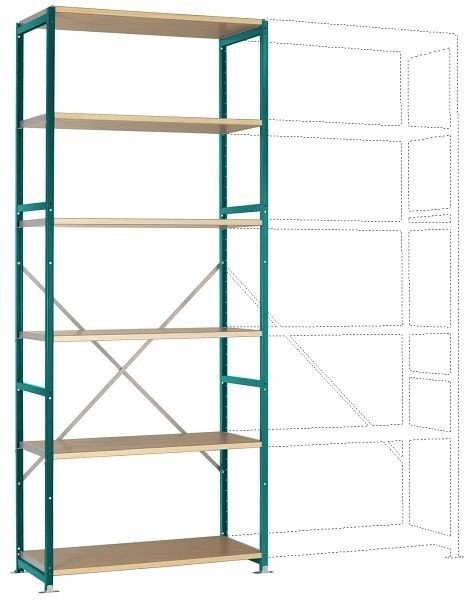 Manuflex Mittelschweres Fachboden-Steckregal Grundregal mit 6 Holzverbundböden, HxBxT = 2500 x 1030 x 500 mm, wasserblau, RP1307.5021