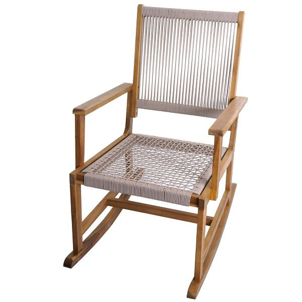 Mendler Schaukelstuhl HWC-P73, Garten Outdoor Wippstuhl Relaxstuhl Schaukelliege, Akazie Holz Rope Seilgeflecht, beige, 119730