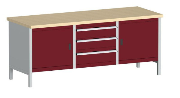 bott cubio Kastenwerkbank mit 3 Schubladen 2 Türen, 2 Ablagen, Multiplex-Arbeitsplatte BxTxH: 2000 x 750 x 840 mm, RAL 7035/3004, 41002055.24V