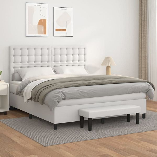 vidaXL Boxspringbett mit Matratze Weiß 180x200 cm Kunstleder, 3137678