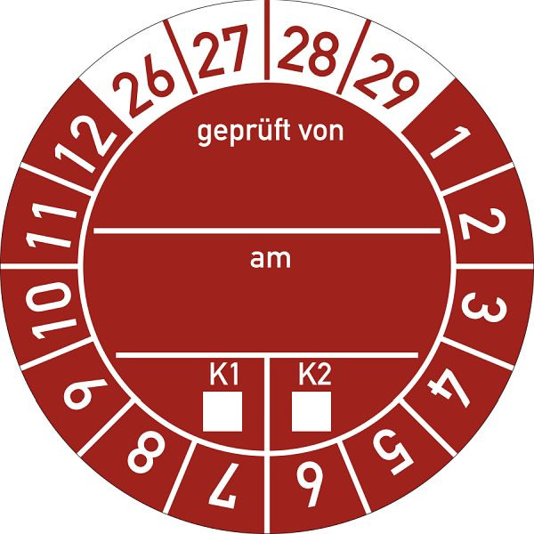 Moedel Prüfplakette geprüft von am K1/K2 2026 - 2029, Folie, Ø 30 mm, VE: 10 Stück/Bogen, 107172
