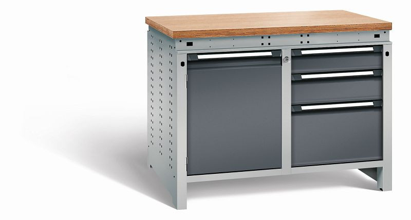 Otto Kind Werkbank Serie function Typ 213, Multiplexplatte 40 mm, bündig, 2x Unterbau + Zentralverschluss, Gehäuse RAL 9006, Front RAL 7016, 07234314S