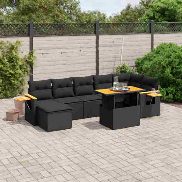 vidaXL 8-tlg. Garten-Sofagarnitur mit Kissen Schwarz Poly Rattan, UV-beständig, 3273624