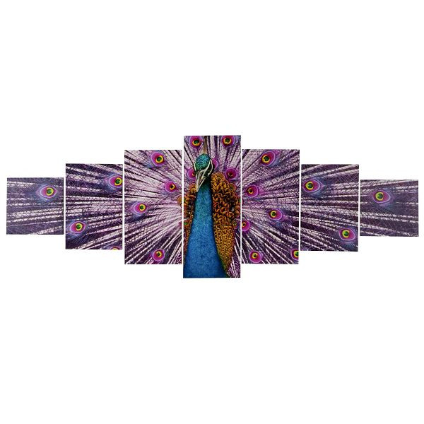 Mendler Leinwandbild T375, Wandbild Keilrahmenbild Kunstdruck, 7-teilig 140x50cm, Pfau, 39162