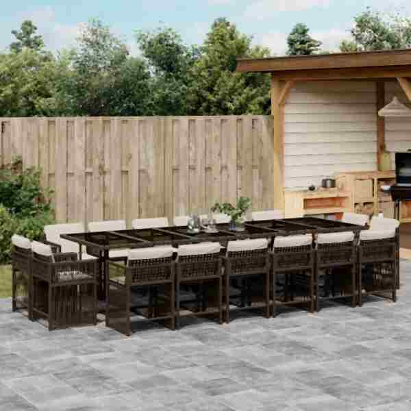 vidaXL 17-tlg. Garten-Essgruppe mit Kissen Braun Poly Rattan, UV-beständig, 3211785