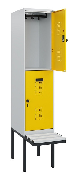 C+P Doppelstock-Spind Evolo PLUS, Bank, 2 Fächer, 1950x400x815mm, 7035/1023, Drehriegel, Sitzfläche Kunststoff, 0493405-12 S10081