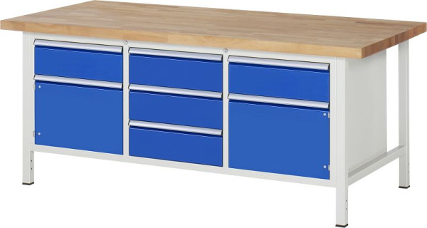 RAU Werkbank Serie 8000 - Gestell-Bauweise (Schweißgestell), Dreifach-Unterbau-Container (5x Schublade, 2x Flügeltür), 2000x840x900 mm, 03-8568A2-209B4S.11