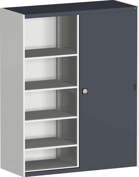 bott cubio Schiebetürenschrank bestückt mit Trennwand, 6 Fachböden BxTxH: 1600 x 650 x 2000 mm, RAL 7035/7016, 40023008.19V