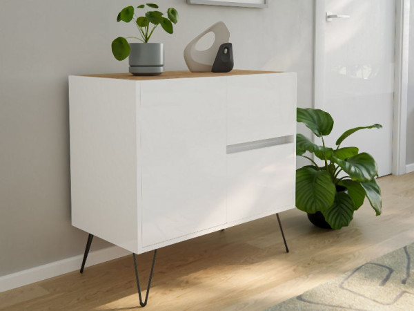 Posseik Sideboard Industrial C 80cm 2 Schubladen 1 Tür Weiß/Eiche Top, PN2079X0000059DE
