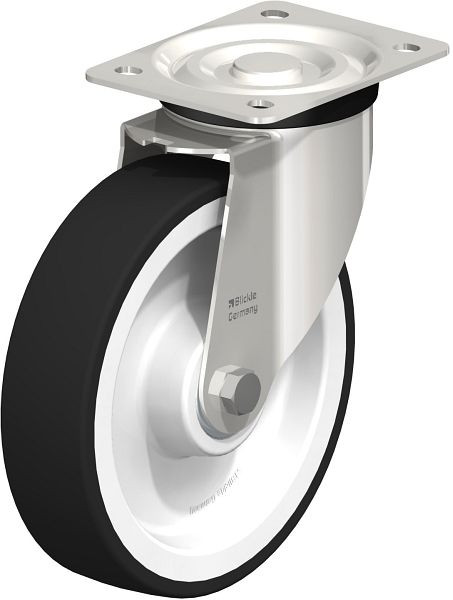 Blickle LX-POTH 200XK Edelstahl-Lenkrolle, mittelschwere Ausführung, mit Anschraubplatte, Thermoplastisches Polyurethan, Grau, 74161