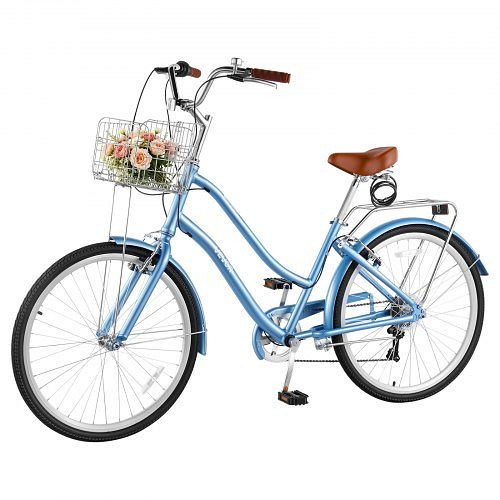 VEVOR Damenfahrrad 26 Zoll 150 kg 7-Gang Hellblau, für Pendelfahrten Besorgungen, mit Korb, Gepäckträger, 50 kg, Doppel-V-Bremsen, SGXYJZXCQLSS2Q0UK001V0