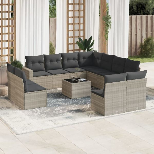 vidaXL 12-tlg. Garten-Sofagarnitur mit Kissen Hellgrau Poly Rattan, 3251479