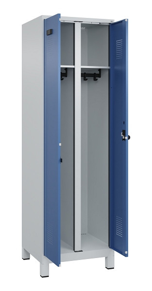 C+P Schwarz-Weiß-Spind Evolo PLUS, mit Füßen, 2 Abteile, 1950x600x500mm, 7035/5, Frontfarbe RAL 5023 Fernblau, Drehriegel, 049012-20 S10008
