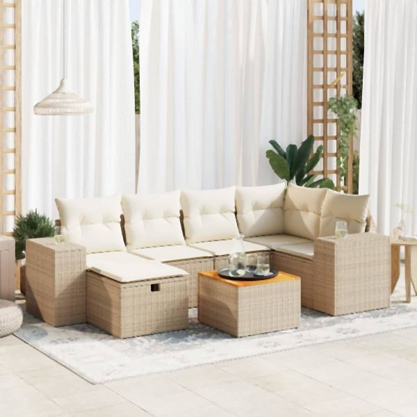 vidaXL 7-tlg. Garten-Sofagarnitur mit Kissen Beige Poly Rattan, 3325873