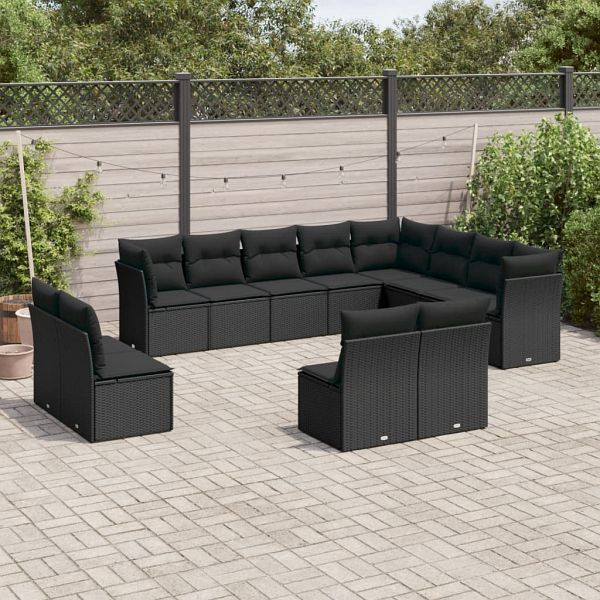 vidaXL 12-tlg. Garten-Sofagarnitur mit Kissen Schwarz Poly Rattan, 3218465