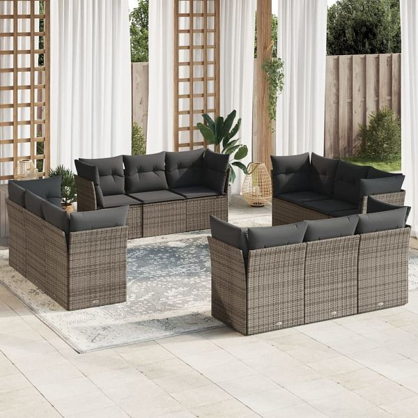 vidaXL 12-teilig Garten-Sofagarnitur mit Kissen Grau Poly Rattan, 3217330