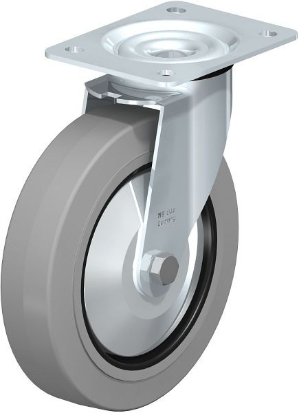 Blickle LE-POEV 200K-SG-FA Stahlblech-Lenkrolle mit Anschraubplatte, Elastik-Vollgummi, Grau, 749637