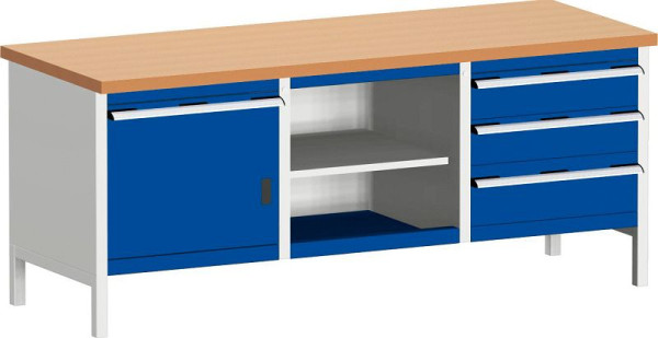 bott cubio Kastenwerkbank mit 4 Schubladen Türe, 2 Ablagen, Rotbuche-Arbeitsplatte BxTxH: 2000 x 750 x 840 mm, RAL 7035/5010, 41002059.11V