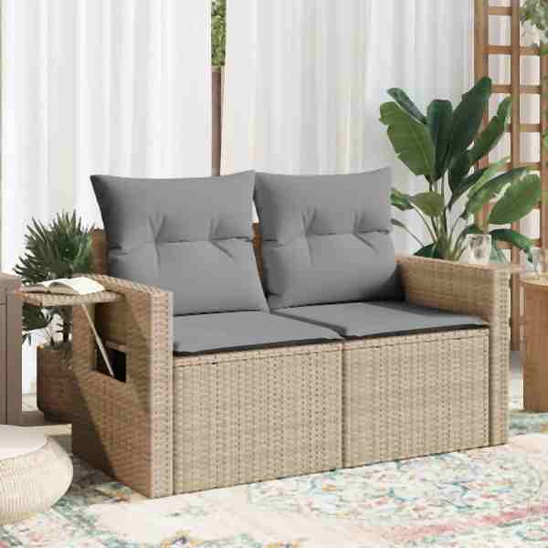 vidaXL Gartensofa mit Kissen 2-Sitzer Beige Poly Rattan, UV-beständig, 366094
