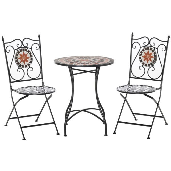 Outsunny Garten Sitzgruppe 3-teilige Mosaiktisch Essgruppe Balkonmöbel Set Gartenmöbel-Set 1 Tisch+2 faltbare Stühle Terrasse Metall Mehrfarbing, 84B-526