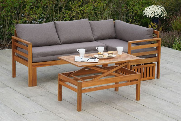 Merxx Brasilia Balkonset, Eckbank inkl. Kissen, eine Bank ausziehbar, 1 Schubkasten, 1 höhenverstellbarer Tisch, FSC Akazienholz, 23277-309