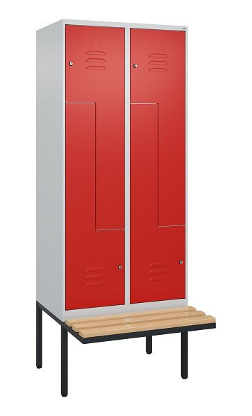 C+P Z-Spind Classic PLUS, Bank, 4 Abteile, 2120x800x815mm, 7035/3020, Zylinderschlösser, Buche-Sitzleisten, 0800437-224 S10017