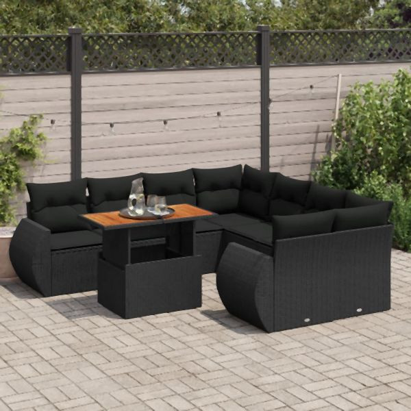vidaXL 9-tlg. Garten-Sofagarnitur mit Kissen Schwarz Poly Rattan, 3327240