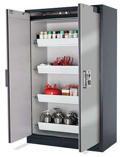 asecos Feuerbeständiger Gefahrstoffschrank Select W-124, 4 Auszugswannen, Türen silber, 201026