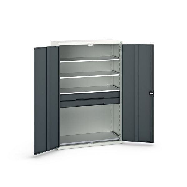 bott verso Flügeltürschrank mit Schubladen, mit 4 Fachböden und 2 Schubladen, BxTxH: 1300 x 550 x 2000 mm, Lichtgrau / Anthrazitgrau, 16926654.19