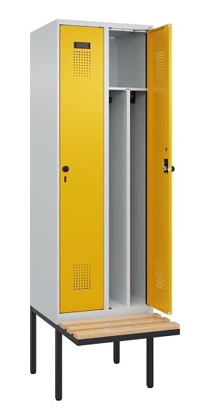 C+P Spind Evolo PLUS, 2 Abteile, 2120x600x815mm, 7035/1004, Drehriegel, Sitzfläche Holz, 0490407-20F S10000