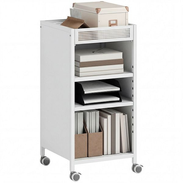 HOMCOM Bücherregal mobil mit verstellbaren Regalen, 3-stufiger Rollwagen mit oberem Korb, Weiß, 83B-585V00WT