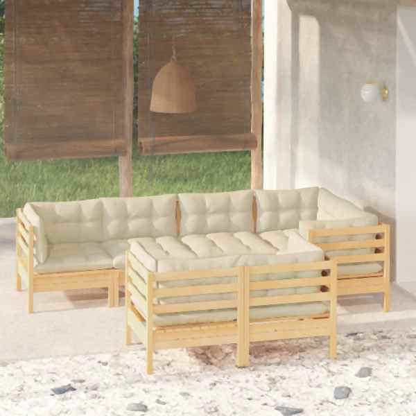 vidaXL 7-tlg. Garten-Lounge-Set mit Creme Kissen Massivholz Kiefer, 3096490