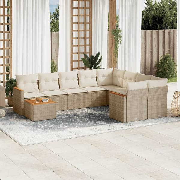 vidaXL 10-tlg. Garten-Sofagarnitur mit Kissen Beige Poly Rattan, UV-beständig, 3226317