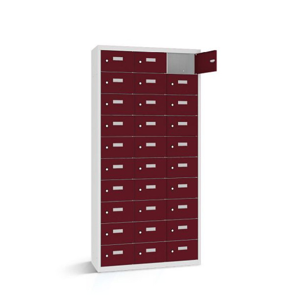 Rotstahl Wertfachschrank, 30 Fächer, Tür einwandig, kurzer Sockel, Korpus: lichtgrau, Türen: weinrot, 2161-031000-1181112-7035-3005