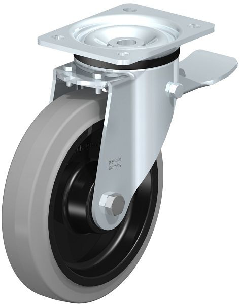 Blickle LK-POEV 200XKA-ST-SG Stahlblech-Lenkrolle, schwere Ausführung, mit Anschraubplatte & Feststeller, Elastik-Vollgummi, Grau, 851360