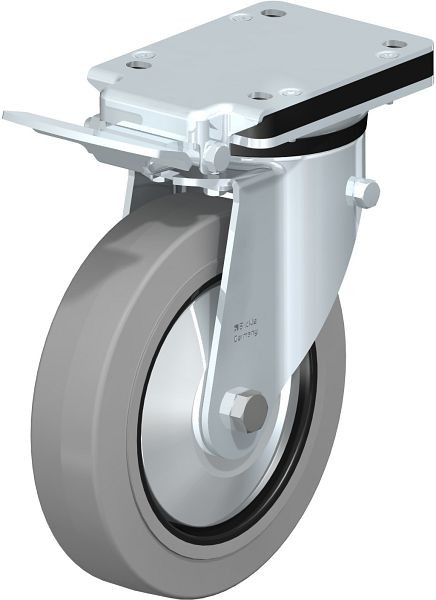 Blickle LK-POEV 200XR-IS-SG-FA Stahlblech-Lenkrolle, mittelschwere Ausführung, mit Anschraubplatte & Feststeller, Elastik-Vollgummi, Grau, 851300