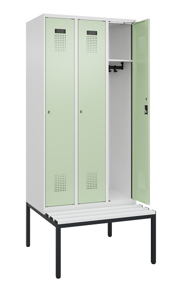 C+P Spind Evolo PLUS, 3 Abteile, 2120x900x815mm, 9016/6019, Haken 3, Zylinderschloss, Sitzfläche Kunststoff, Sitzbank, 0490507-30 S10100